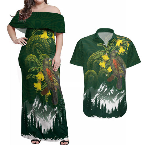 Kea Bird Kowhai New Zealand Couples Matching Off Shoulder Maxi Dress and Hawaiian Shirt Mountain Landscape Maori Art