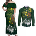Kea Bird Kowhai New Zealand Couples Matching Off Shoulder Maxi Dress and Long Sleeve Button Shirt Mountain Landscape Maori Art