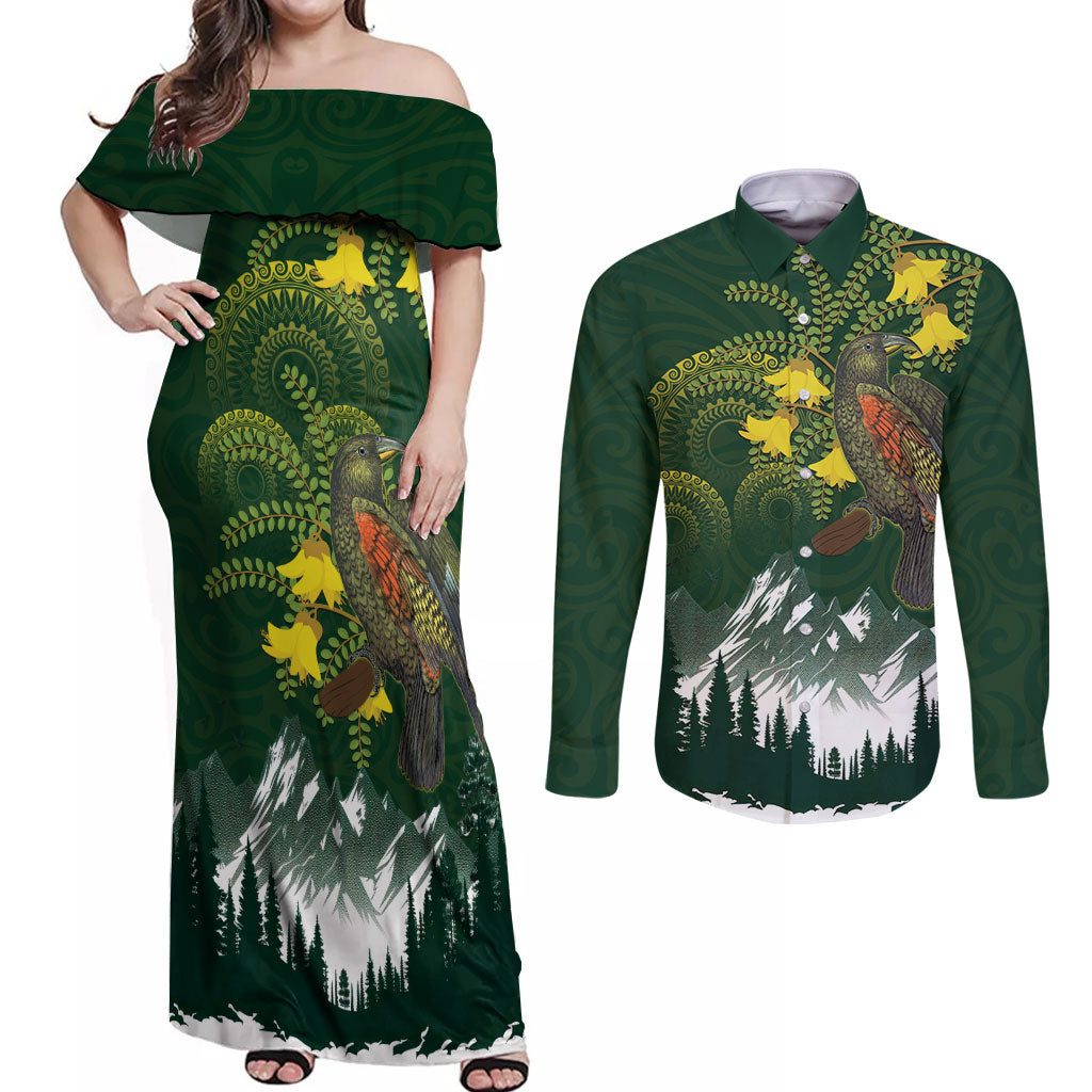 Kea Bird Kowhai New Zealand Couples Matching Off Shoulder Maxi Dress and Long Sleeve Button Shirt Mountain Landscape Maori Art