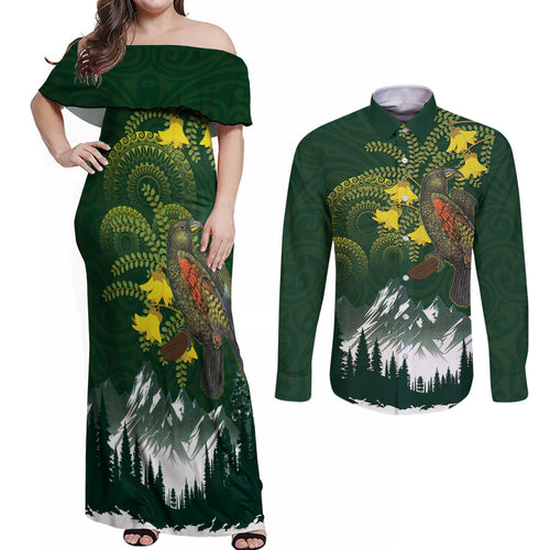 Kea Bird Kowhai New Zealand Couples Matching Off Shoulder Maxi Dress and Long Sleeve Button Shirt Mountain Landscape Maori Art