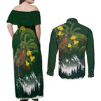 Kea Bird Kowhai New Zealand Couples Matching Off Shoulder Maxi Dress and Long Sleeve Button Shirt Mountain Landscape Maori Art