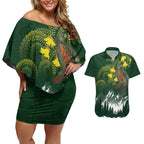 Kea Bird Kowhai New Zealand Couples Matching Off Shoulder Short Dress and Hawaiian Shirt Mountain Landscape Maori Art