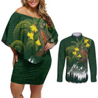 Kea Bird Kowhai New Zealand Couples Matching Off Shoulder Short Dress and Long Sleeve Button Shirt Mountain Landscape Maori Art