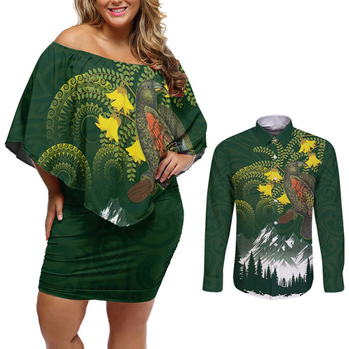 Kea Bird Kowhai New Zealand Couples Matching Off Shoulder Short Dress and Long Sleeve Button Shirt Mountain Landscape Maori Art