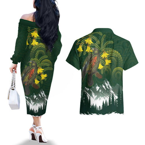 Kea Bird Kowhai New Zealand Couples Matching Off The Shoulder Long Sleeve Dress and Hawaiian Shirt Mountain Landscape Maori Art