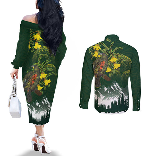 Kea Bird Kowhai New Zealand Couples Matching Off The Shoulder Long Sleeve Dress and Long Sleeve Button Shirt Mountain Landscape Maori Art