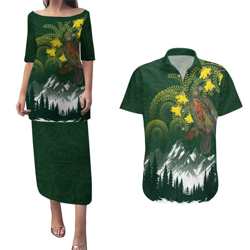 Kea Bird Kowhai New Zealand Couples Matching Puletasi and Hawaiian Shirt Mountain Landscape Maori Art