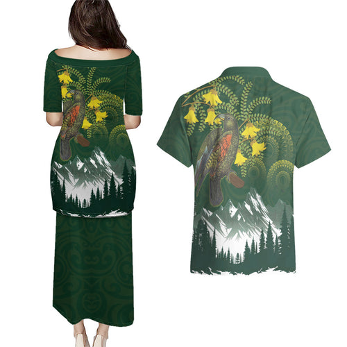 Kea Bird Kowhai New Zealand Couples Matching Puletasi and Hawaiian Shirt Mountain Landscape Maori Art