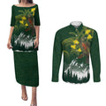 Kea Bird Kowhai New Zealand Couples Matching Puletasi and Long Sleeve Button Shirt Mountain Landscape Maori Art