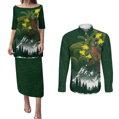 Kea Bird Kowhai New Zealand Couples Matching Puletasi and Long Sleeve Button Shirt Mountain Landscape Maori Art