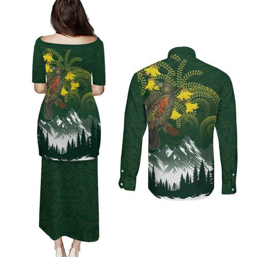 Kea Bird Kowhai New Zealand Couples Matching Puletasi and Long Sleeve Button Shirt Mountain Landscape Maori Art