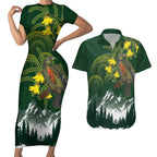 Kea Bird Kowhai New Zealand Couples Matching Short Sleeve Bodycon Dress and Hawaiian Shirt Mountain Landscape Maori Art
