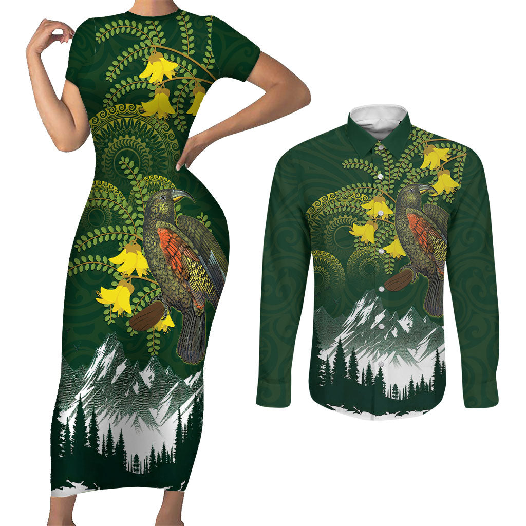 Kea Bird Kowhai New Zealand Couples Matching Short Sleeve Bodycon Dress and Long Sleeve Button Shirt Mountain Landscape Maori Art