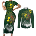 Kea Bird Kowhai New Zealand Couples Matching Short Sleeve Bodycon Dress and Long Sleeve Button Shirt Mountain Landscape Maori Art