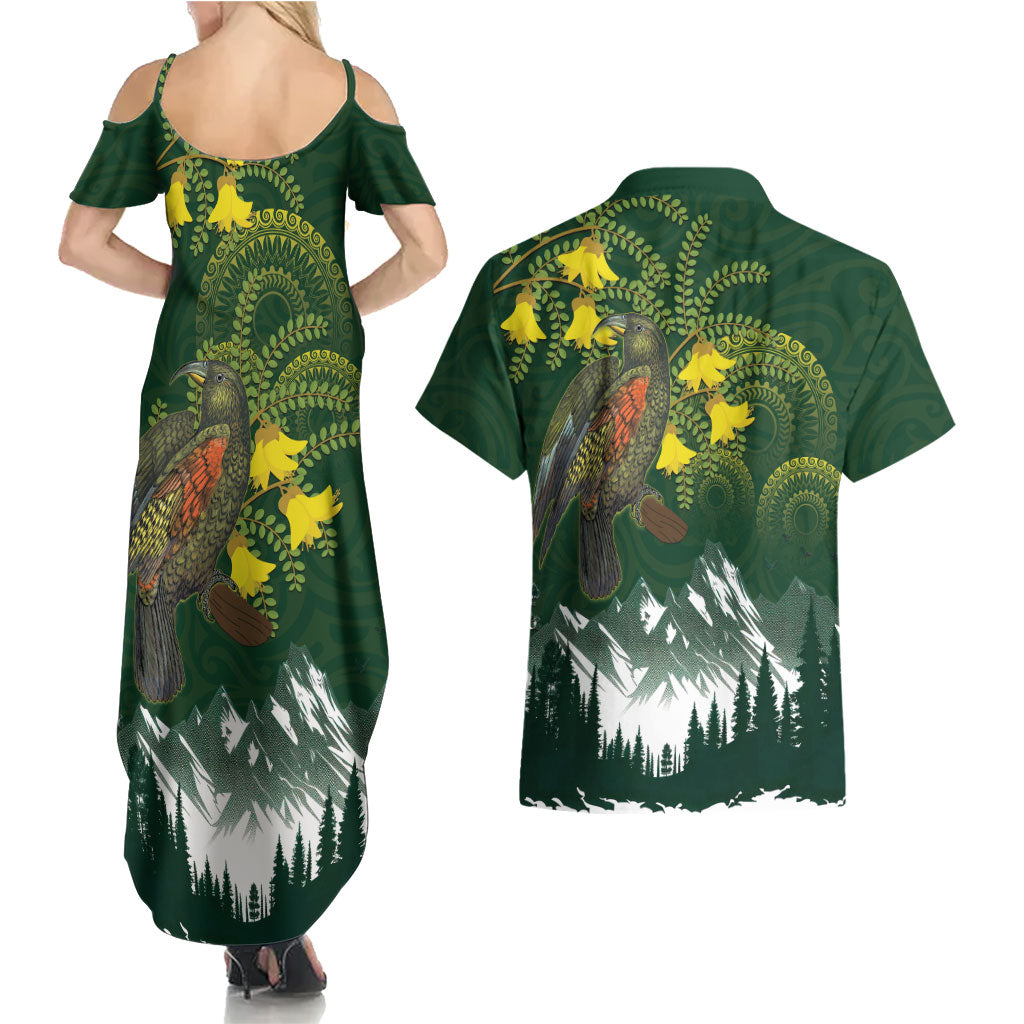 Kea Bird Kowhai New Zealand Couples Matching Summer Maxi Dress and Hawaiian Shirt Mountain Landscape Maori Art