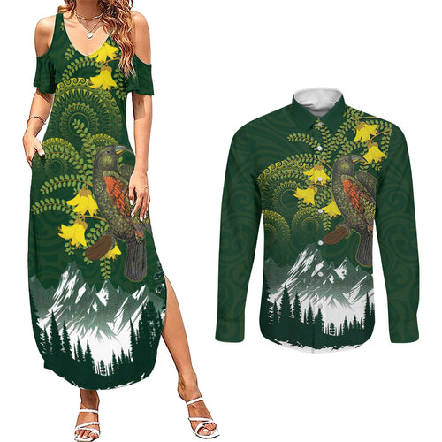 Kea Bird Kowhai New Zealand Couples Matching Summer Maxi Dress and Long Sleeve Button Shirt Mountain Landscape Maori Art