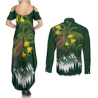 Kea Bird Kowhai New Zealand Couples Matching Summer Maxi Dress and Long Sleeve Button Shirt Mountain Landscape Maori Art