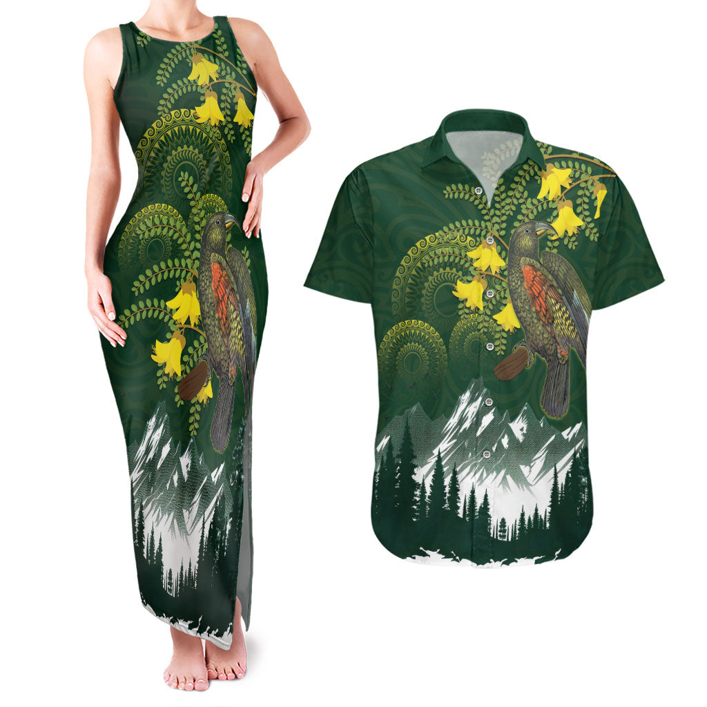 Kea Bird Kowhai New Zealand Couples Matching Tank Maxi Dress and Hawaiian Shirt Mountain Landscape Maori Art