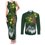 Kea Bird Kowhai New Zealand Couples Matching Tank Maxi Dress and Long Sleeve Button Shirt Mountain Landscape Maori Art