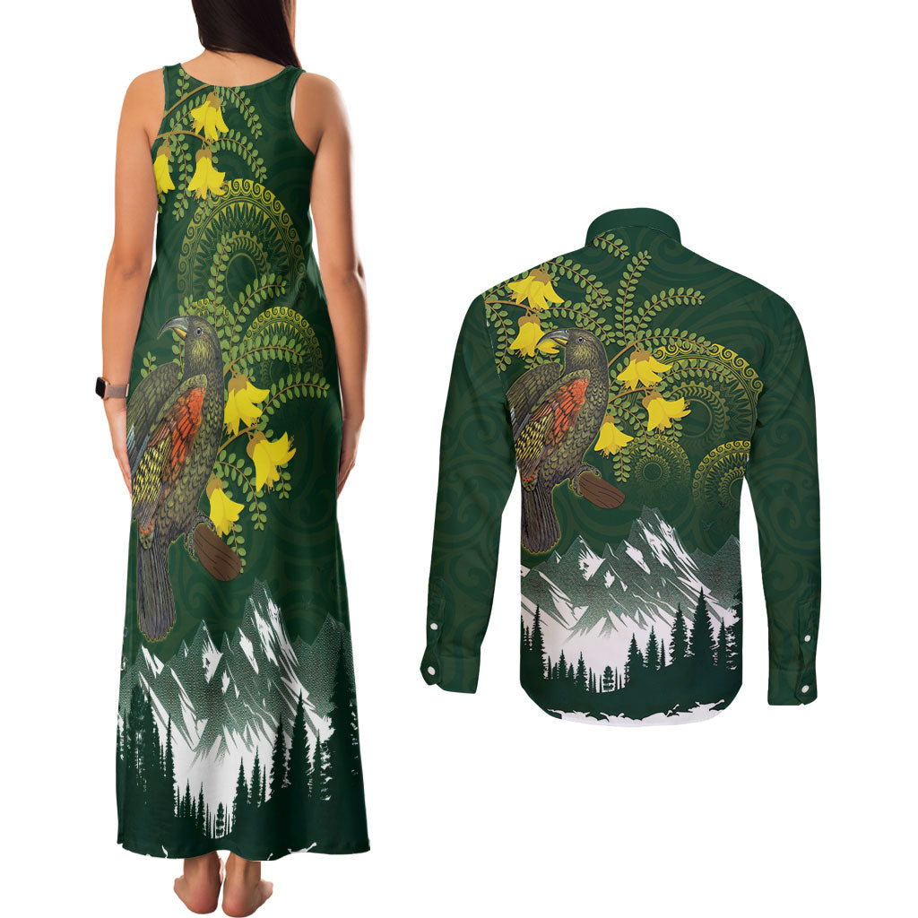 Kea Bird Kowhai New Zealand Couples Matching Tank Maxi Dress and Long Sleeve Button Shirt Mountain Landscape Maori Art