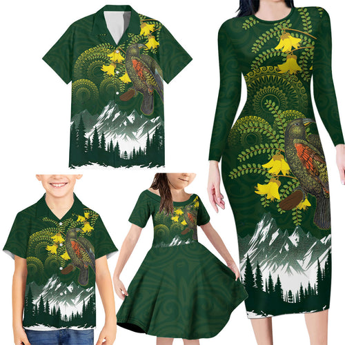 Kea Bird Kowhai New Zealand Family Matching Long Sleeve Bodycon Dress and Hawaiian Shirt Mountain Landscape Maori Art