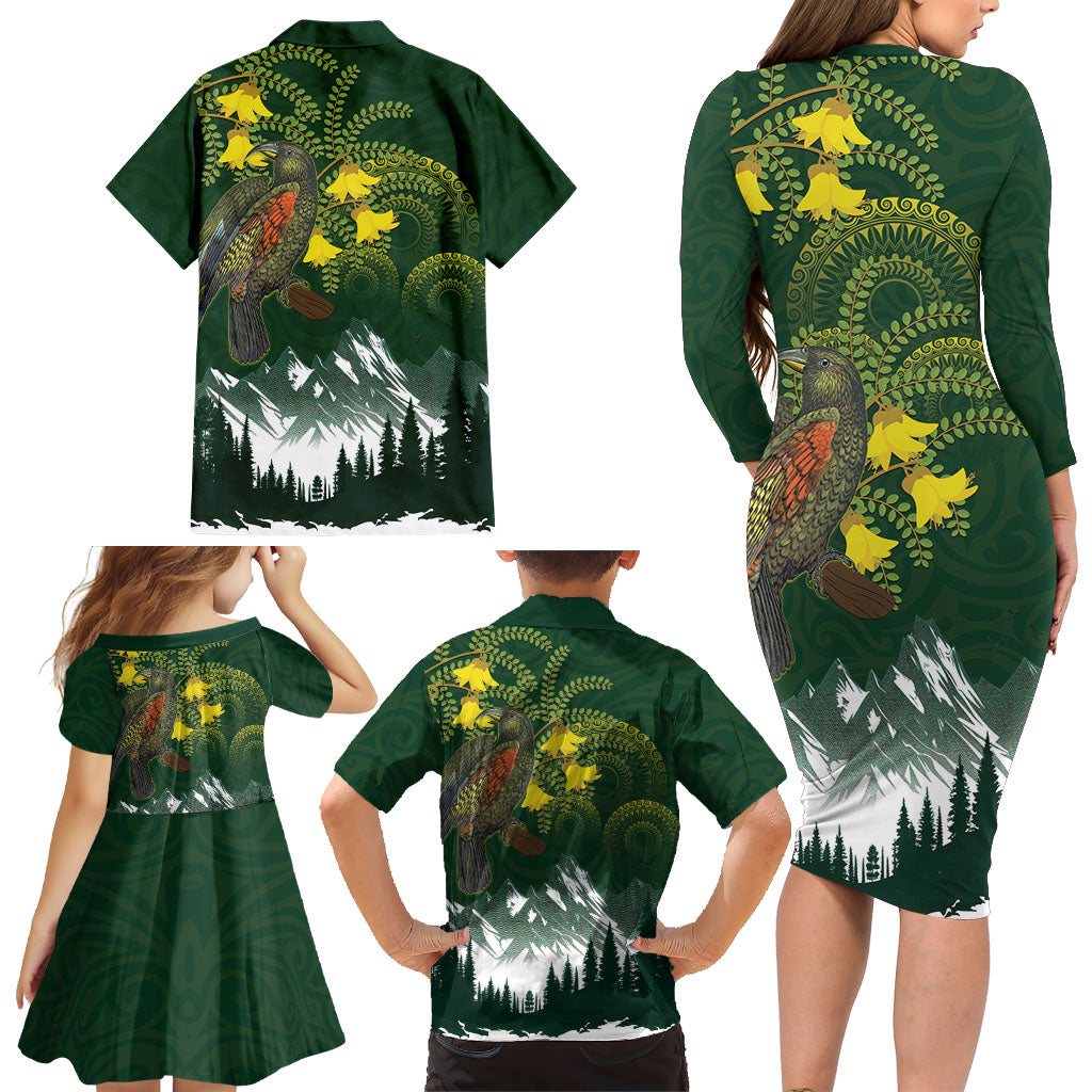 Kea Bird Kowhai New Zealand Family Matching Long Sleeve Bodycon Dress and Hawaiian Shirt Mountain Landscape Maori Art