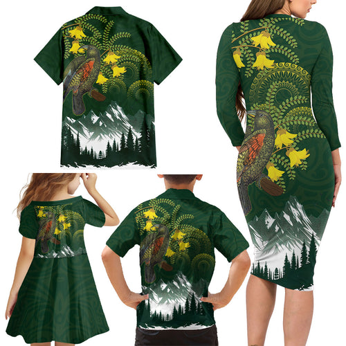 Kea Bird Kowhai New Zealand Family Matching Long Sleeve Bodycon Dress and Hawaiian Shirt Mountain Landscape Maori Art