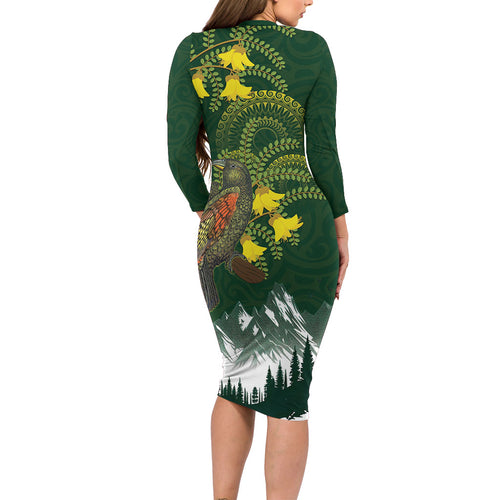 Kea Bird Kowhai New Zealand Family Matching Long Sleeve Bodycon Dress and Hawaiian Shirt Mountain Landscape Maori Art