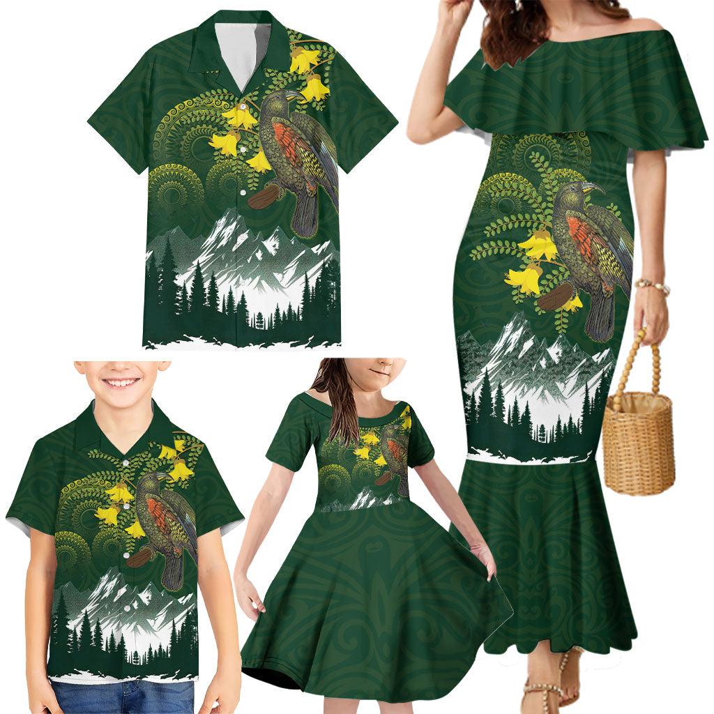 Kea Bird Kowhai New Zealand Family Matching Mermaid Dress and Hawaiian Shirt Mountain Landscape Maori Art