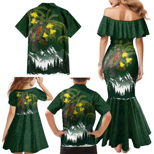 Kea Bird Kowhai New Zealand Family Matching Mermaid Dress and Hawaiian Shirt Mountain Landscape Maori Art