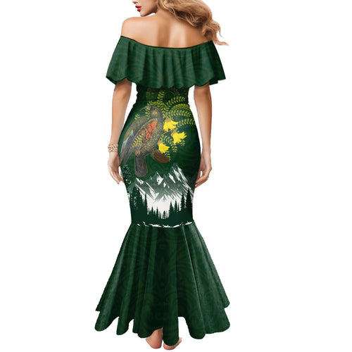 Kea Bird Kowhai New Zealand Family Matching Mermaid Dress and Hawaiian Shirt Mountain Landscape Maori Art