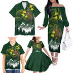 Kea Bird Kowhai New Zealand Family Matching Off The Shoulder Long Sleeve Dress and Hawaiian Shirt Mountain Landscape Maori Art