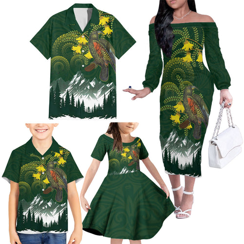 Kea Bird Kowhai New Zealand Family Matching Off The Shoulder Long Sleeve Dress and Hawaiian Shirt Mountain Landscape Maori Art