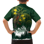 Kea Bird Kowhai New Zealand Family Matching Off The Shoulder Long Sleeve Dress and Hawaiian Shirt Mountain Landscape Maori Art