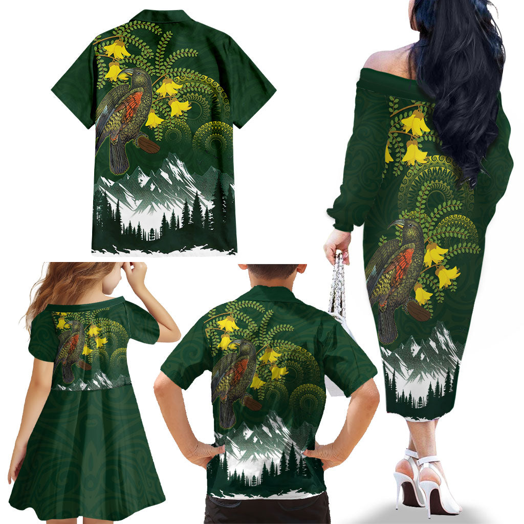Kea Bird Kowhai New Zealand Family Matching Off The Shoulder Long Sleeve Dress and Hawaiian Shirt Mountain Landscape Maori Art
