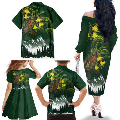Kea Bird Kowhai New Zealand Family Matching Off The Shoulder Long Sleeve Dress and Hawaiian Shirt Mountain Landscape Maori Art