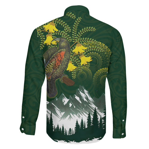 Kea Bird Kowhai New Zealand Family Matching Off The Shoulder Long Sleeve Dress and Hawaiian Shirt Mountain Landscape Maori Art