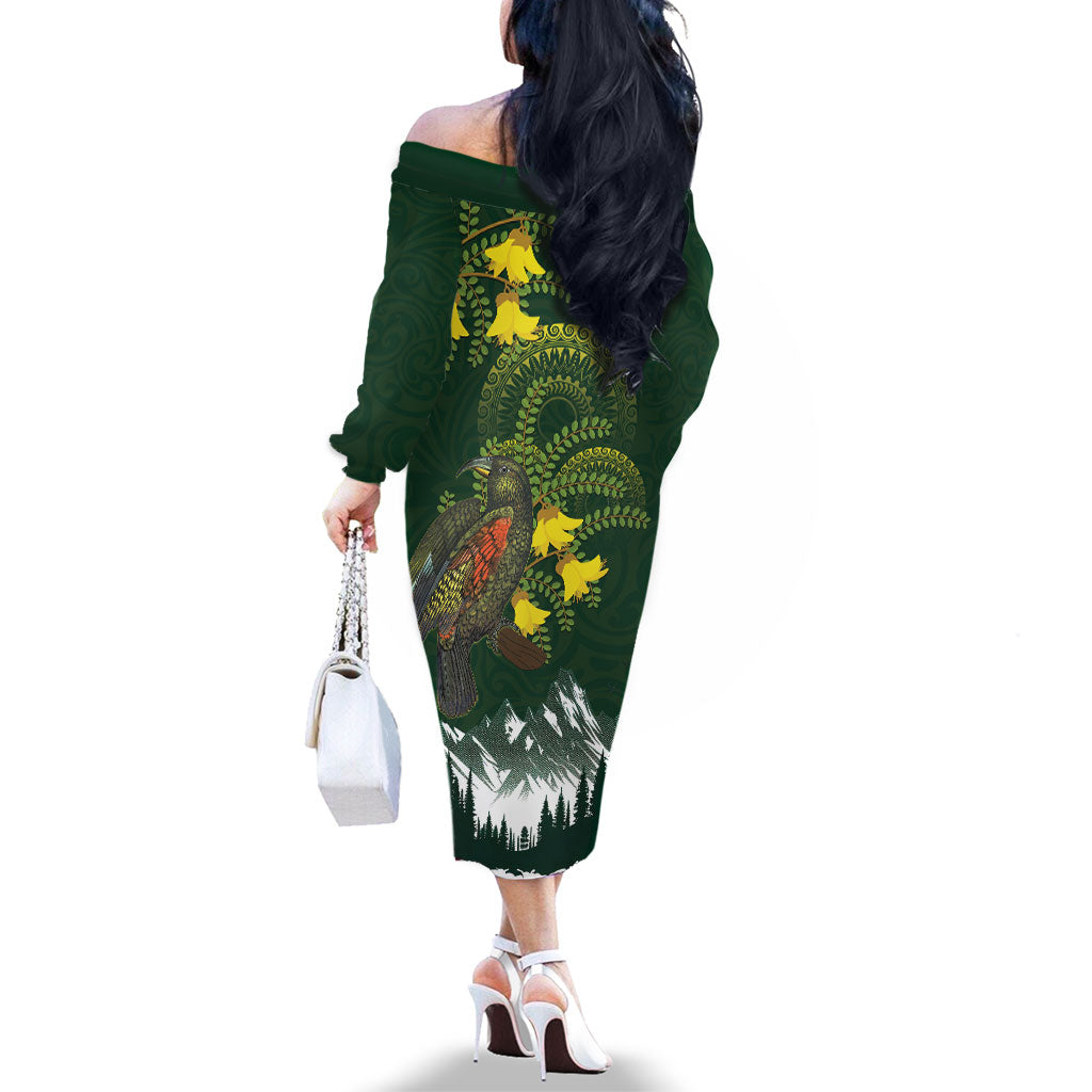 Kea Bird Kowhai New Zealand Family Matching Off The Shoulder Long Sleeve Dress and Hawaiian Shirt Mountain Landscape Maori Art