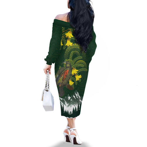 Kea Bird Kowhai New Zealand Family Matching Off The Shoulder Long Sleeve Dress and Hawaiian Shirt Mountain Landscape Maori Art