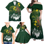 Kea Bird Kowhai New Zealand Family Matching Off Shoulder Maxi Dress and Hawaiian Shirt Mountain Landscape Maori Art