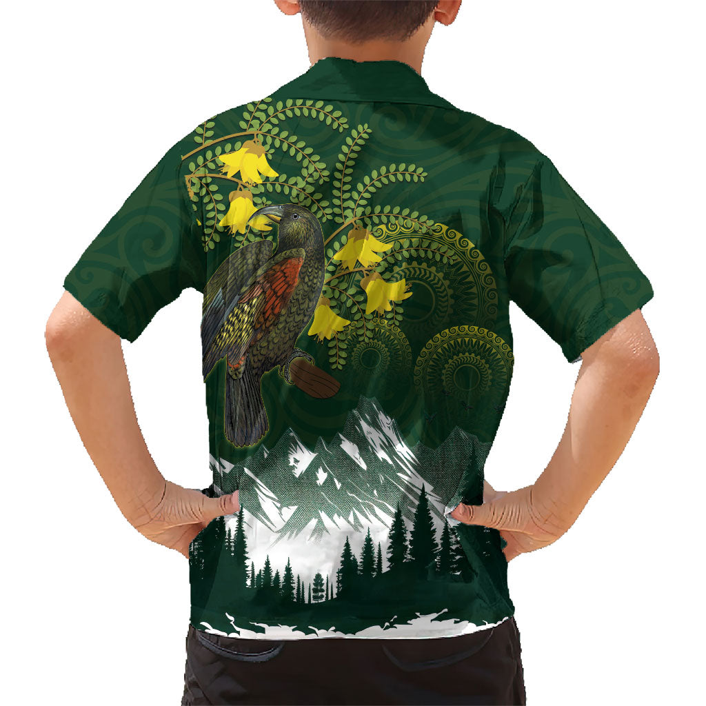 Kea Bird Kowhai New Zealand Family Matching Off Shoulder Maxi Dress and Hawaiian Shirt Mountain Landscape Maori Art