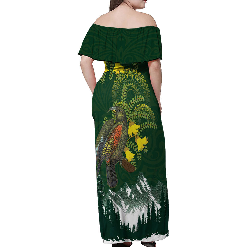 Kea Bird Kowhai New Zealand Family Matching Off Shoulder Maxi Dress and Hawaiian Shirt Mountain Landscape Maori Art