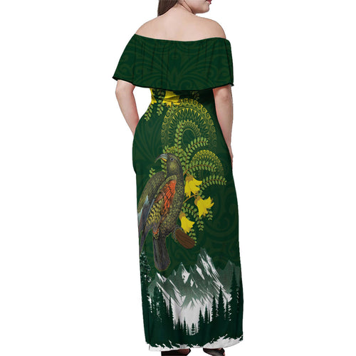 Kea Bird Kowhai New Zealand Family Matching Off Shoulder Maxi Dress and Hawaiian Shirt Mountain Landscape Maori Art