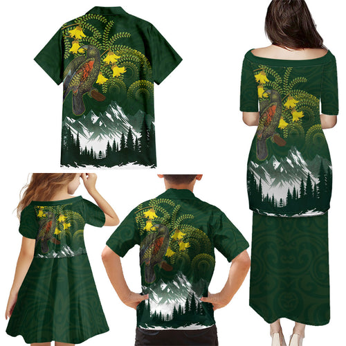 Kea Bird Kowhai New Zealand Family Matching Puletasi and Hawaiian Shirt Mountain Landscape Maori Art