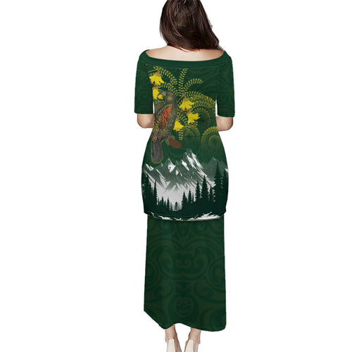 Kea Bird Kowhai New Zealand Family Matching Puletasi and Hawaiian Shirt Mountain Landscape Maori Art