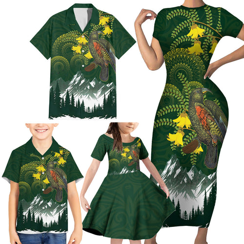 Kea Bird Kowhai New Zealand Family Matching Short Sleeve Bodycon Dress and Hawaiian Shirt Mountain Landscape Maori Art