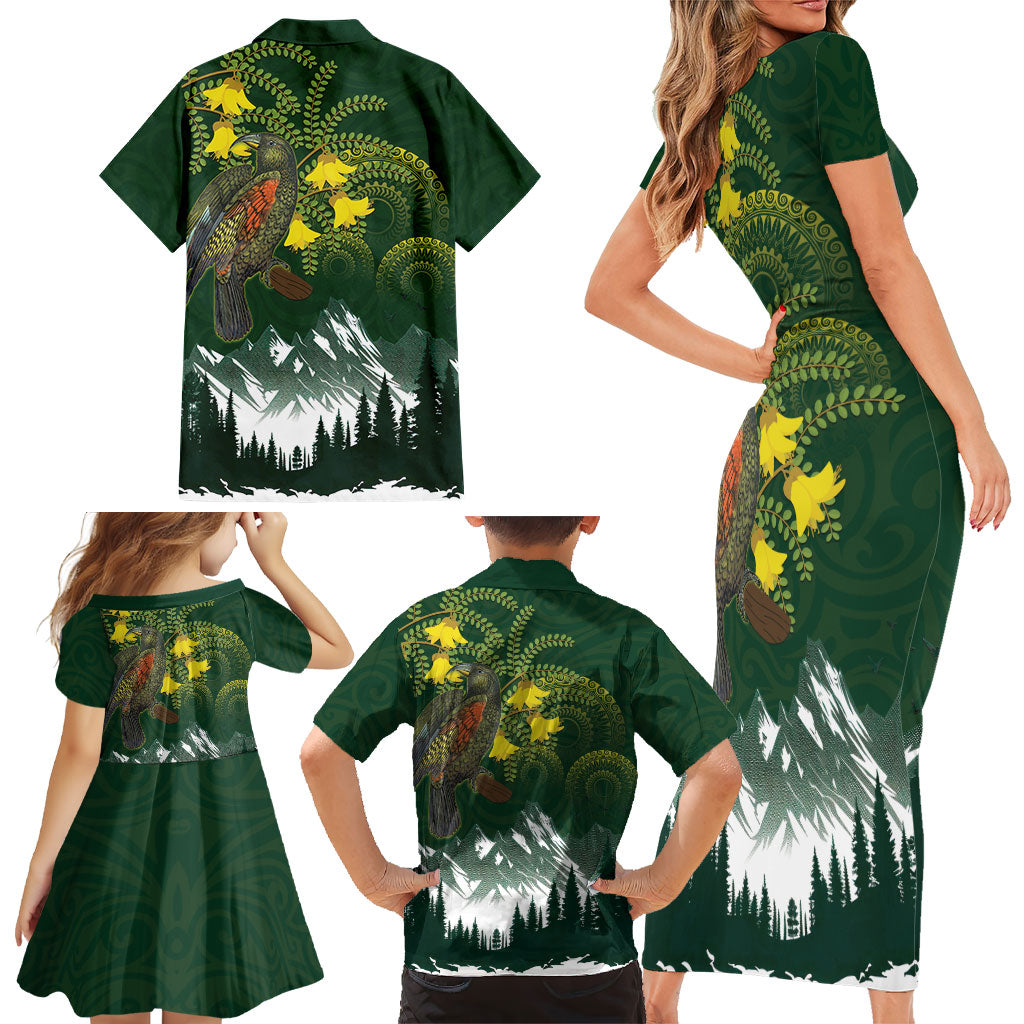 Kea Bird Kowhai New Zealand Family Matching Short Sleeve Bodycon Dress and Hawaiian Shirt Mountain Landscape Maori Art