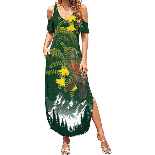 Kea Bird Kowhai New Zealand Family Matching Summer Maxi Dress and Hawaiian Shirt Mountain Landscape Maori Art