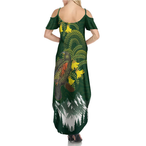 Kea Bird Kowhai New Zealand Family Matching Summer Maxi Dress and Hawaiian Shirt Mountain Landscape Maori Art