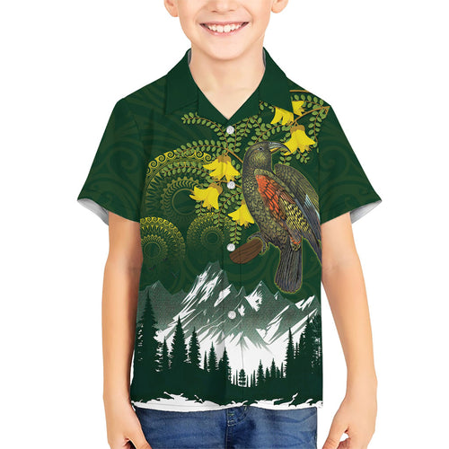 Kea Bird Kowhai New Zealand Family Matching Summer Maxi Dress and Hawaiian Shirt Mountain Landscape Maori Art